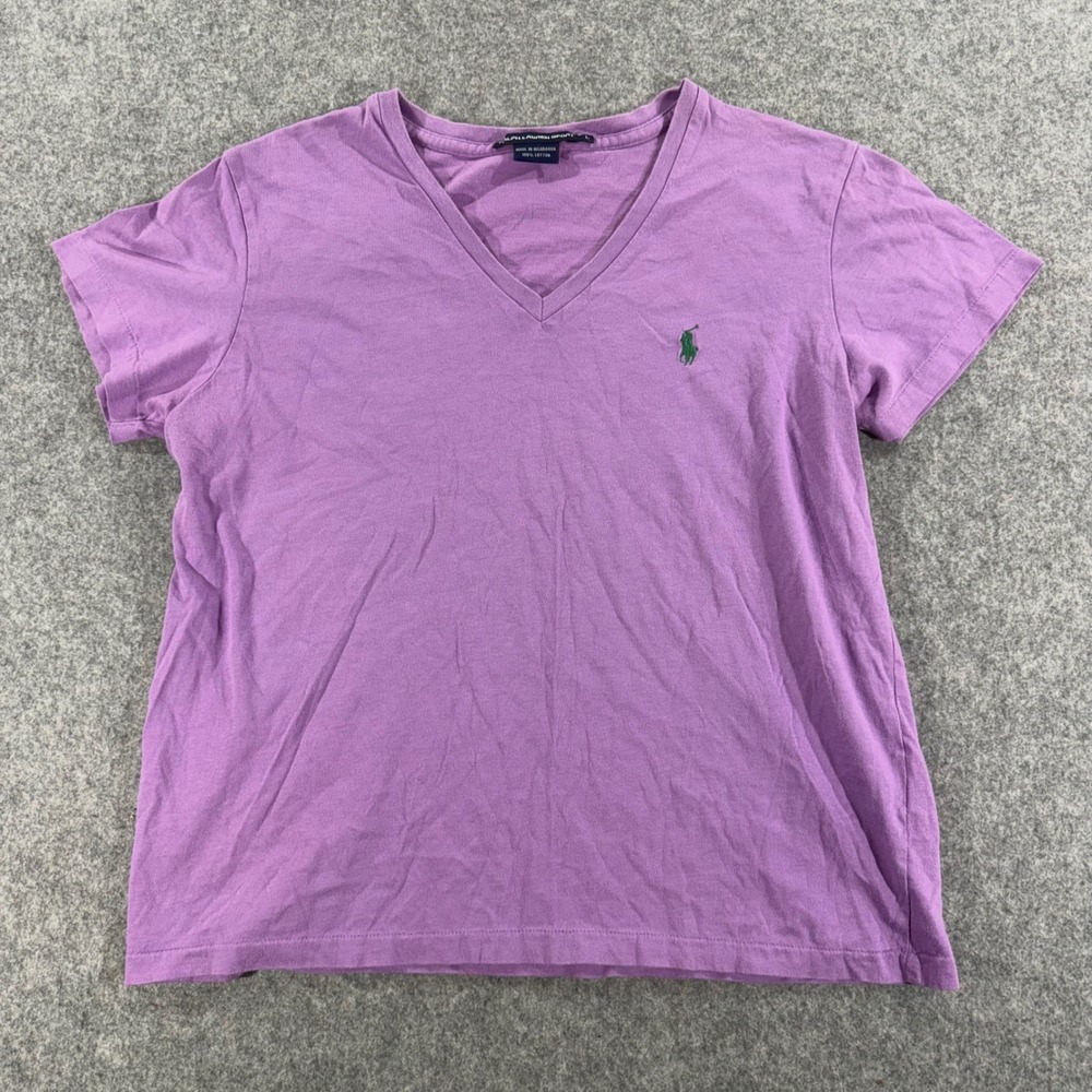 Ralph Lauren Sport Womens V-Neck T-Shirt Purple Cotton Pony Logo Size L